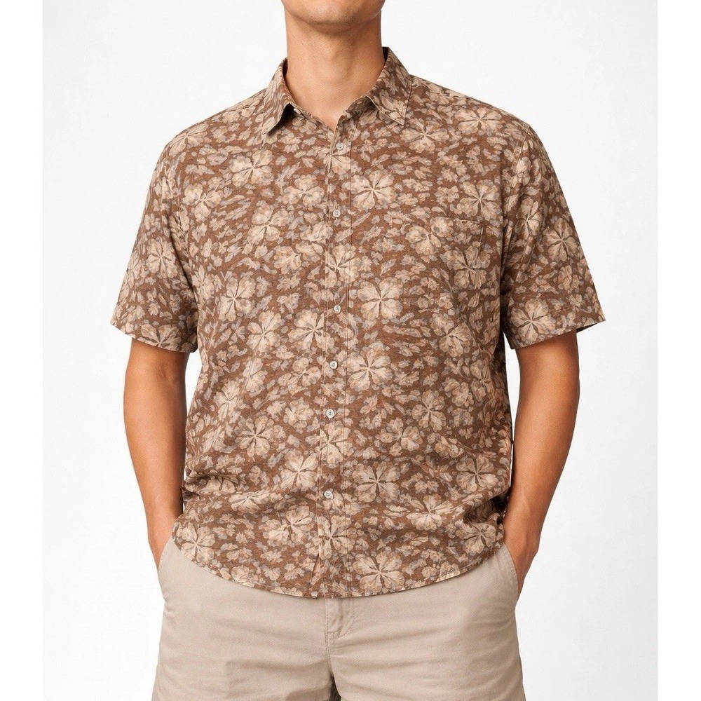 Coldwater Creek XL Floral Button Up Shirt Brown Beige Rayon Lightweight Men's